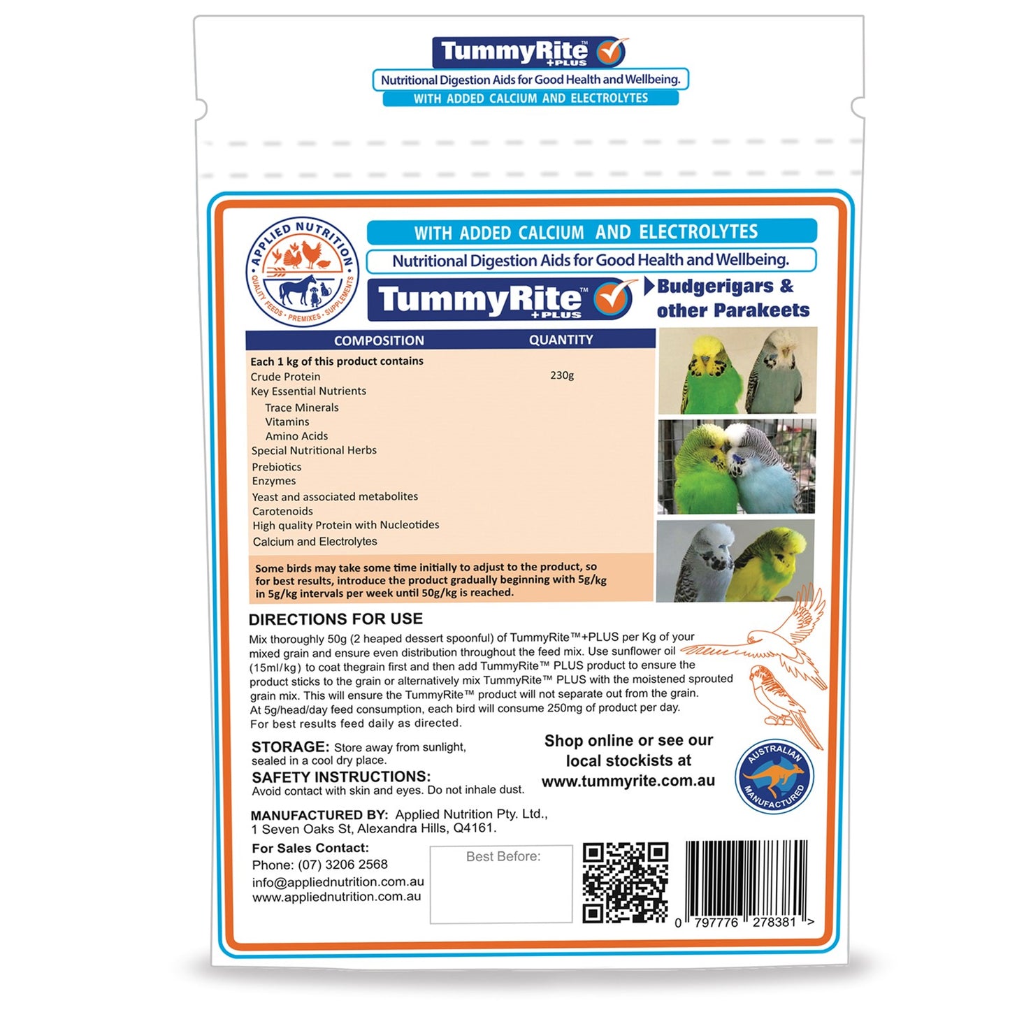 TummyRite Plus with Calcium + Electrolytes for Budgerigars & Parakeets
