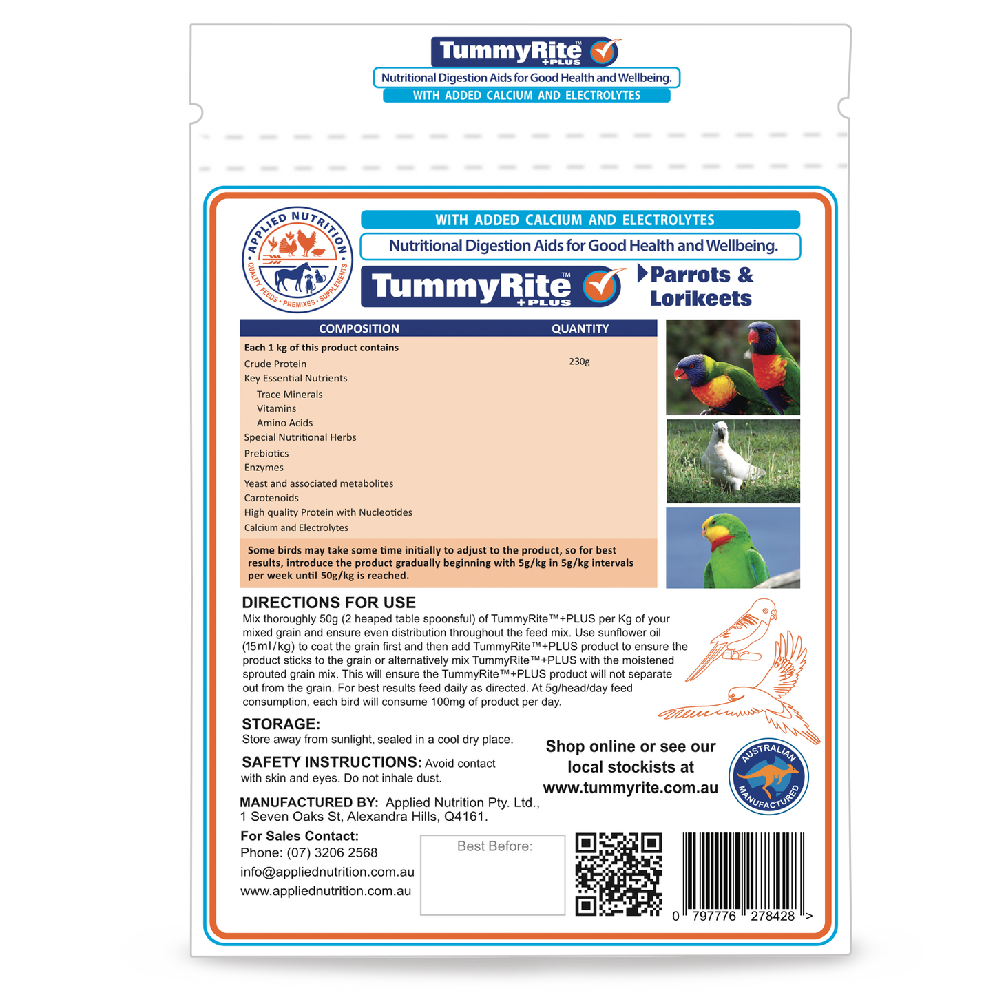 TummyRite Plus with Calcium + Electrolytes for Parrots & Lorikeets